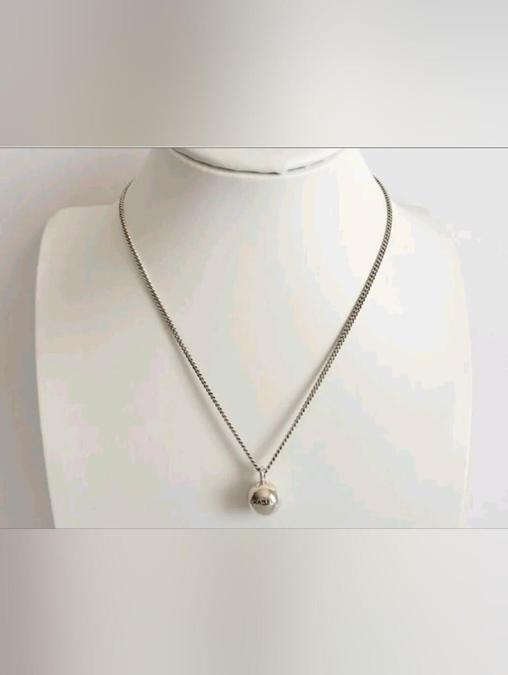 CHANEL Silver Ball Pendant Necklace 38cm Chain